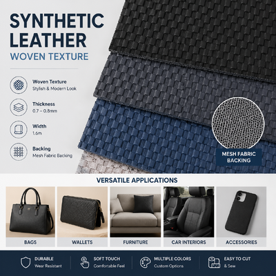Textures tissées en cuir synthétique en rouleau de PVC avec support en tissu en maille pour sacs Portefeuilles