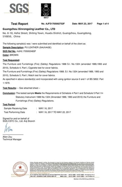 Chine Guangzhou Xinrongxing Leather Co., Ltd. certifications